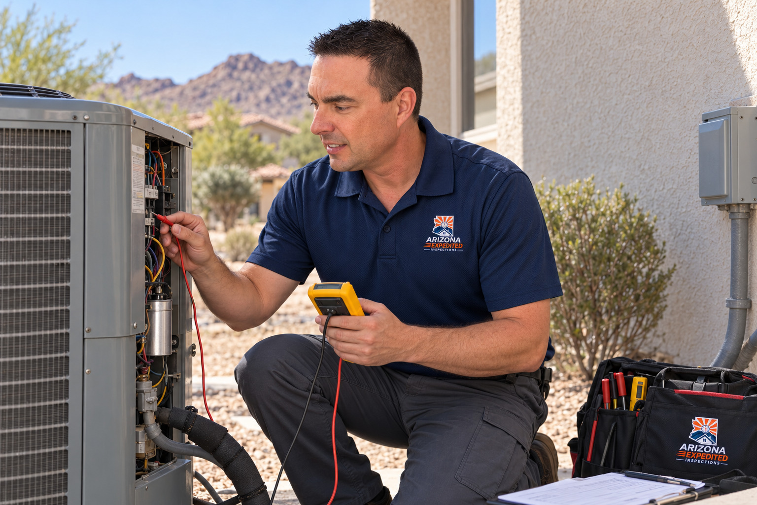 Don Sommers testing residential air-conditioning equipment during a home inspection