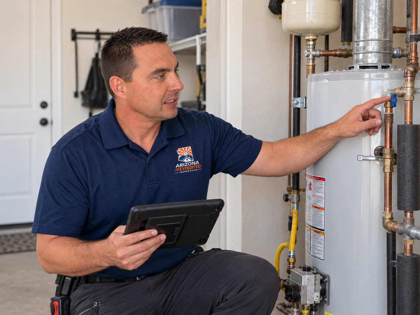 Don Sommers inspecting a home's water-heating system while documenting his findings
